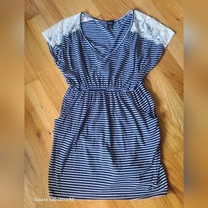 Women’s Navy & White Striped Lace-Shoulder Dress